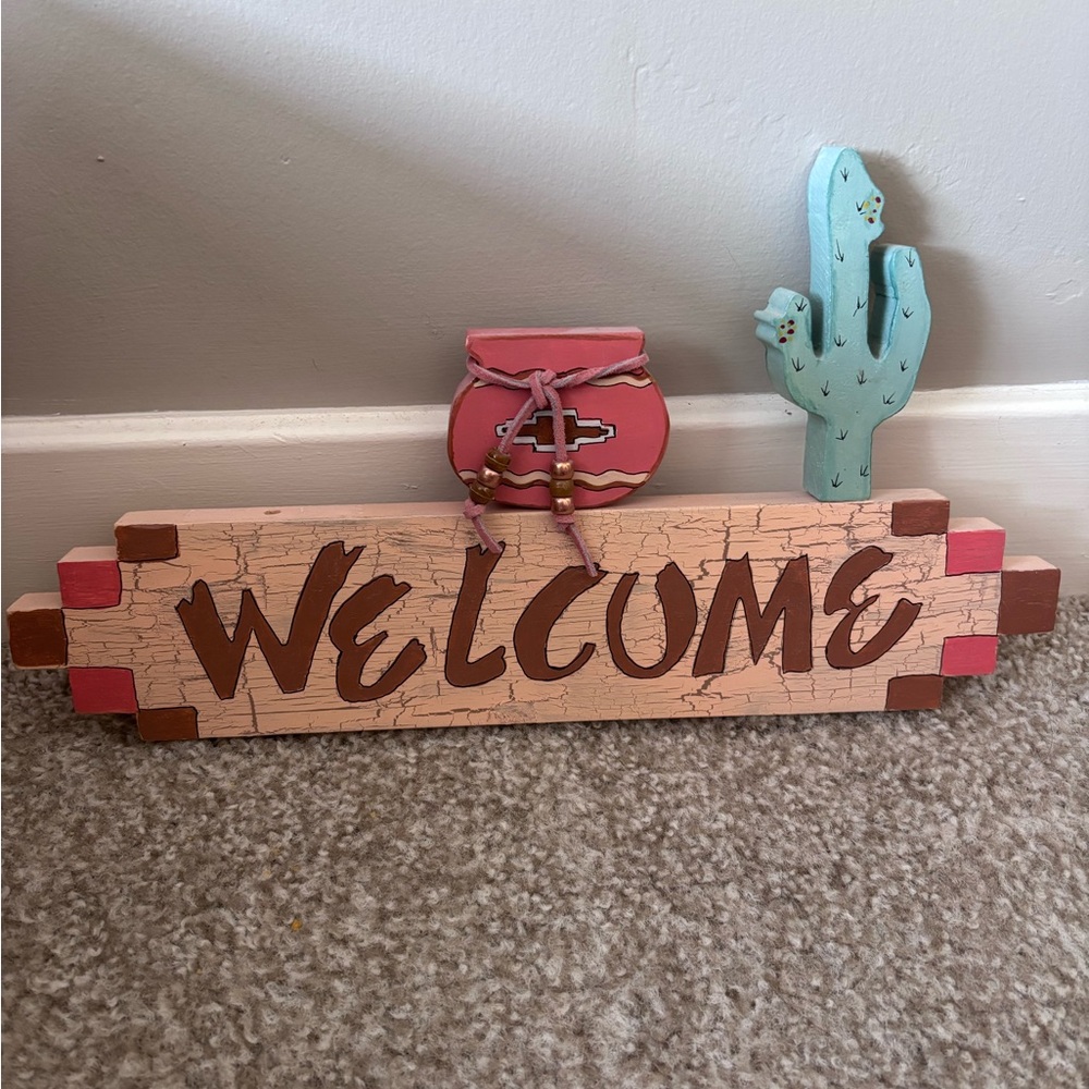 Rustic Welcome Sign with Cactus Accent